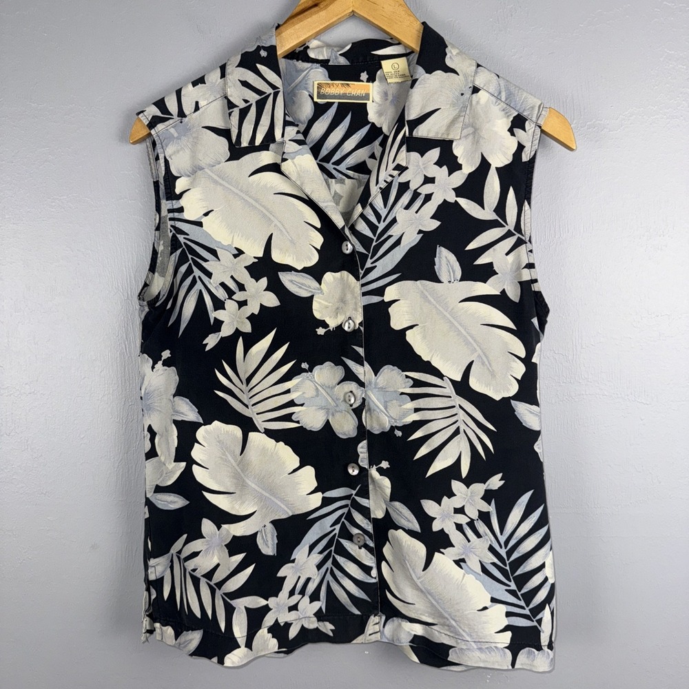 Bobby Chan Silk Button Up Sleeveless Shirt Women's L Hawaiian Print